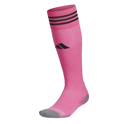An Adidas high pink soccer sock features three horizontal black stripes at the top, a black logo on the shin, and a grey heel and toe.