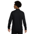A back view of a person with dark, curly hair wearing a long-sleeved black athletic top against a white background.