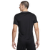 Back view of a man wearing a black short-sleeved athletic t-shirt and matching shorts against a plain white background.