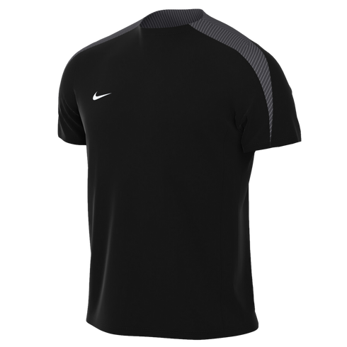 Black Nike short-sleeve athletic shirt featuring gray striped shoulder panels and a white swoosh logo on the chest.