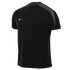 Black Nike short-sleeve athletic shirt featuring gray striped shoulder panels and a white swoosh logo on the chest.