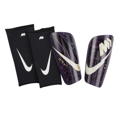 Nike Mercurial Lite shin guards and matching black sleeves featuring a purple and white Kylian Mbappé design.