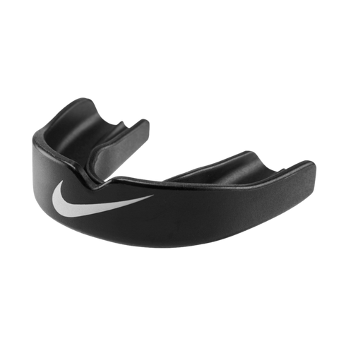 A black Nike brand mouthguard with a white swoosh logo on the front.