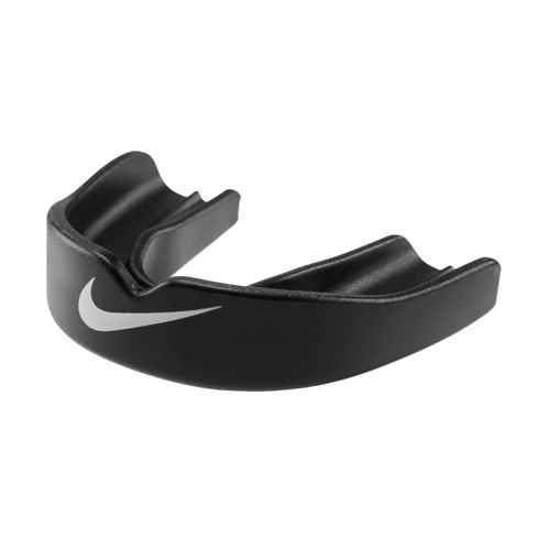 Black Nike sports mouthguard with a white swoosh logo, shown from an angle revealing its inner protective channel.