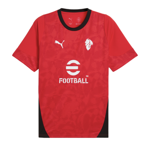 Red Puma soccer jersey with black collar and side panels. Features white Puma, lion head crest, and eFootball logos on the chest.