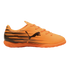 Bright orange Puma indoor soccer shoe featuring a black leaping cat logo and graphic speed lines, shown against a solid black background.