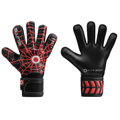 Backhand and palm views of black goalkeeper gloves. The backhand has a red spiderweb pattern, and the palm is solid black. Both feature black wrist straps with red accents.