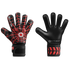 Backhand and palm views of black goalkeeper gloves. The backhand has a red spiderweb pattern, and the palm is solid black. Both feature black wrist straps with red accents.