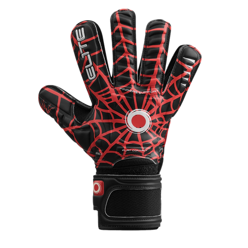 Goalkeeper glove with a black base and a red spiderweb pattern on the backhand. Features "ELITE" branding and a central circular logo.