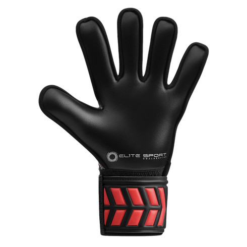 Black soccer goalkeeper glove with the Elite Sport logo and a red-accented wrist strap, set against a black background.