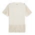 Back view of a cream-colored t-shirt with tan brushstroke-style stripes on the sleeves and hem, featuring the "KidSuper" logo below the collar.