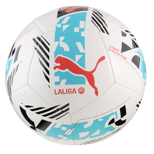 White Puma LaLiga soccer ball with a red leaping cat logo, teal and black geometric patterns, and EA Sports branding.