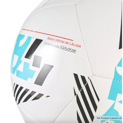 Close-up of a white soccer ball with blue and black geometric patterns and text reading "Balón oficial de LALIGA Temporada 2025/2026."