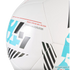 Close-up of a white soccer ball with blue and black geometric patterns and text reading "Balón oficial de LALIGA Temporada 2025/2026."