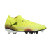 Neon yellow Puma soccer cleat with black and pink graphic patterns on the side and a white-studded soleplate.