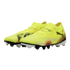 Pair of neon yellow Puma soccer cleats with black and white patterns and a pink circular graphic, set against a solid black background.