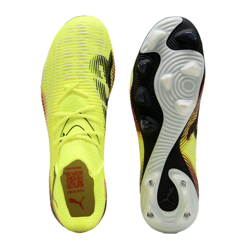 Top and bottom views of neon yellow PUMA soccer cleats with black accents and a white and black patterned sole, set against a black background.