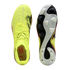 Top and bottom views of neon yellow PUMA soccer cleats with black accents and a white and black patterned sole, set against a black background.