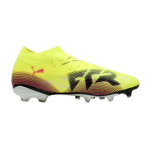 A side-profile view of a neon yellow Puma soccer cleat with black and pink graphic accents and white studs, set against a solid black background.