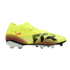 A side-profile view of a neon yellow Puma soccer cleat with black and pink graphic accents and white studs, set against a solid black background.