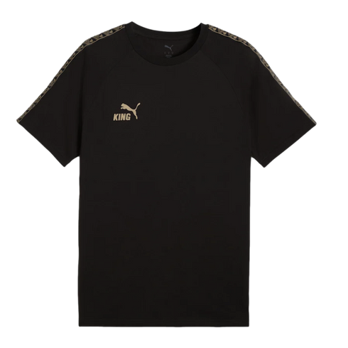 A black short-sleeved Puma t-shirt featuring a gold "KING" logo on the left chest and patterned decorative trim running along the shoulders and sleeves.