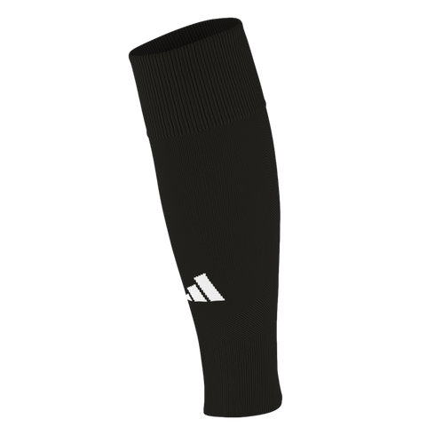 A single black Adidas calf-high athletic sock with a white logo, set against a plain black background.