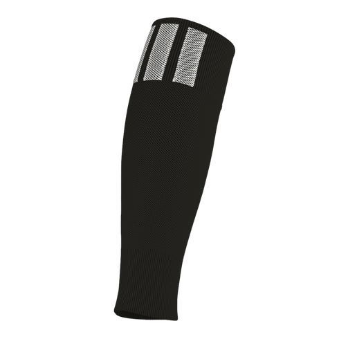 Black athletic calf sleeve with three vertical white stripes on the upper ribbed cuff.