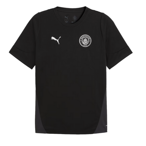 A black short-sleeved t-shirt featuring a white Puma logo and a Manchester City FC crest on the chest.