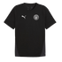 A black short-sleeved t-shirt featuring a white Puma logo and a Manchester City FC crest on the chest.