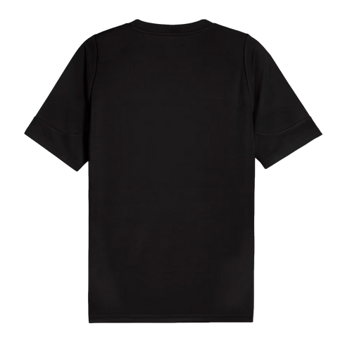 Back view of a plain black short-sleeved crew neck t-shirt.