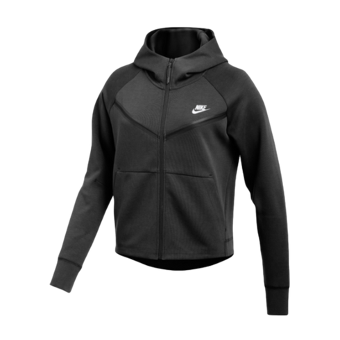 Black Nike full-zip hoodie with a white swoosh logo on the chest, featuring a hood and athletic fit.