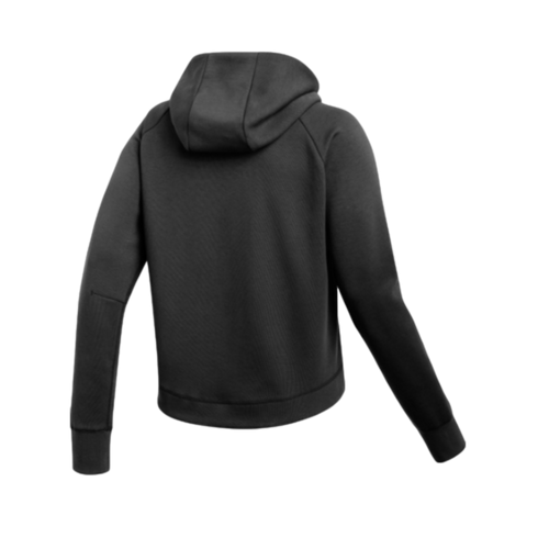 Back view of a black hoodie with raglan sleeves and a curved hem, shown against a dark background.