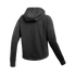 Back view of a black hoodie with raglan sleeves and a curved hem, shown against a dark background.
