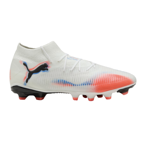 White Puma soccer cleat featuring a black cat logo, red and blue gradient accents, a knit collar, and red studs.