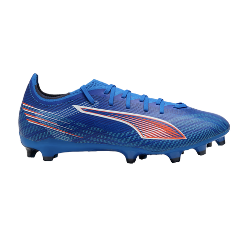 A royal blue Puma soccer cleat with white and orange accents, shown from the side against a black background.