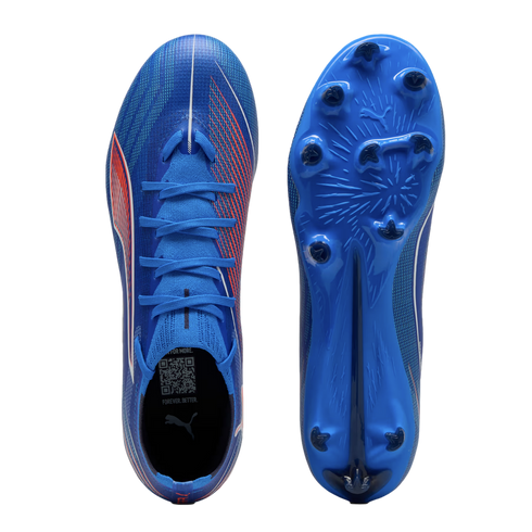 Top and sole views of a bright blue Puma soccer cleat with red accents, featuring blue laces and a studded traction plate.