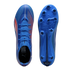 Top and sole views of a bright blue Puma soccer cleat with red accents, featuring blue laces and a studded traction plate.
