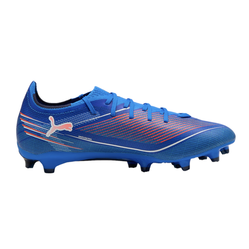 Blue Puma soccer cleat featuring orange and white diagonal stripes, a white cat logo, blue laces, and a studded sole, set against a black background.