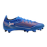 Blue Puma soccer cleat featuring orange and white diagonal stripes, a white cat logo, blue laces, and a studded sole, set against a black background.