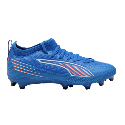 A royal blue Puma soccer cleat featuring white and orange side accents and a textured upper, shown from a side profile against a black background.