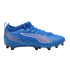 A royal blue Puma soccer cleat featuring white and orange side accents and a textured upper, shown from a side profile against a black background.