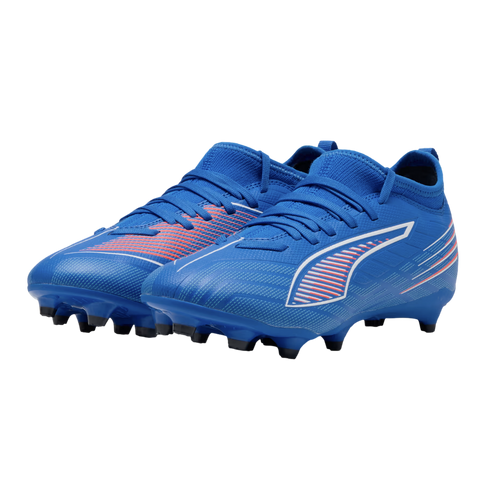 A pair of bright blue Puma soccer cleats with red striped details and white accents on a solid black background.