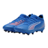 A pair of bright blue Puma soccer cleats with red striped details and white accents on a solid black background.