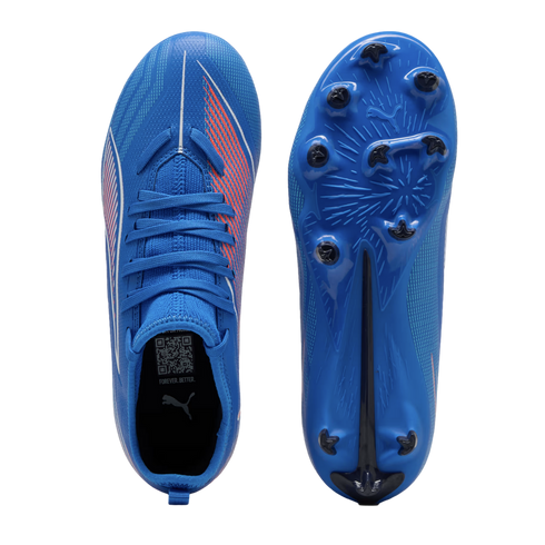 Top and bottom views of a blue Puma soccer cleat with orange diagonal graphics and a blue soleplate featuring black studs, set against a black background.