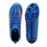 Top and bottom views of a blue Puma soccer cleat with orange diagonal graphics and a blue soleplate featuring black studs, set against a black background.