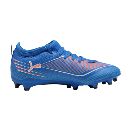 A bright blue Puma soccer cleat with orange and white diagonal stripes on the side and molded studs.