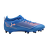 A bright blue Puma soccer cleat with orange and white diagonal stripes on the side and molded studs.