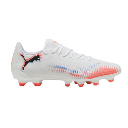 Side view of a white Puma soccer cleat featuring a black logo, orange and blue graphic accents, and orange studs, set against a black background.