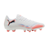 Side view of a white Puma soccer cleat featuring a black logo, orange and blue graphic accents, and orange studs, set against a black background.