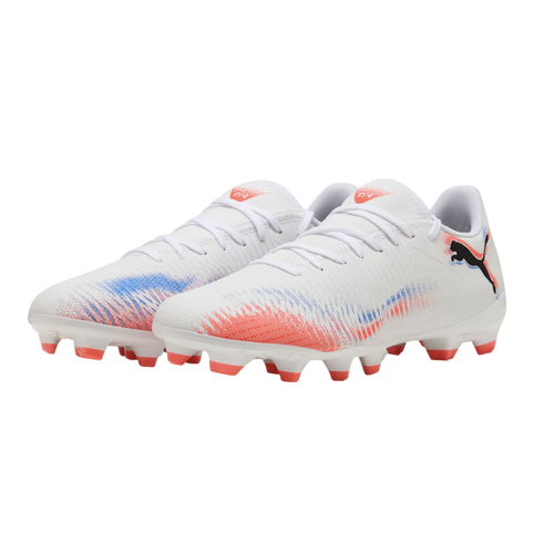White Puma soccer cleats with red and blue spray-paint patterns on the sides, white laces, and red-tipped studs, shown against a solid black background.